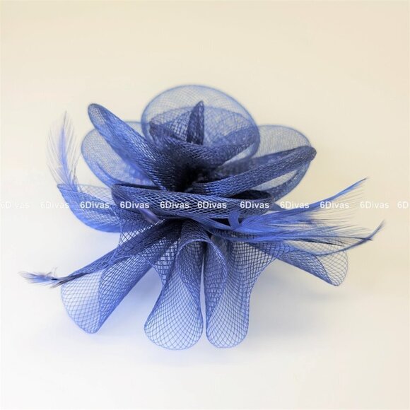 DEEP Blue Floral Hair Clip Fascinator Sinamay Mesh Fascinator- New - Picture 3 of 7
